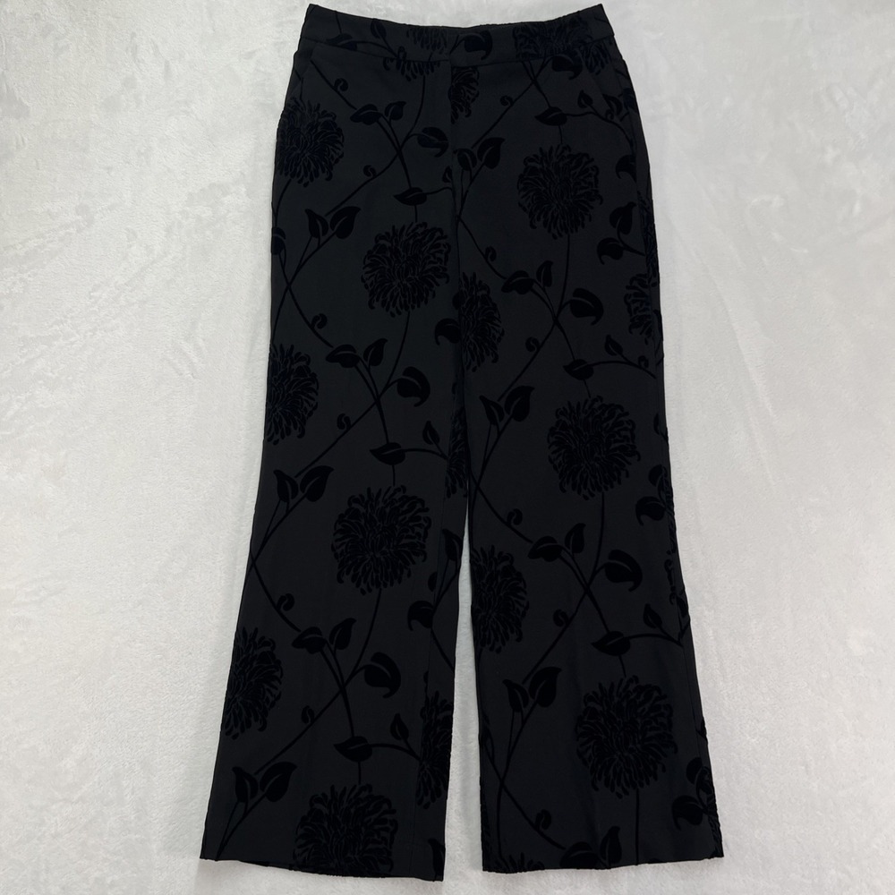 Kenar Velvet Flocked Dress Pants Womens 4 Black Floral Career Work Winter